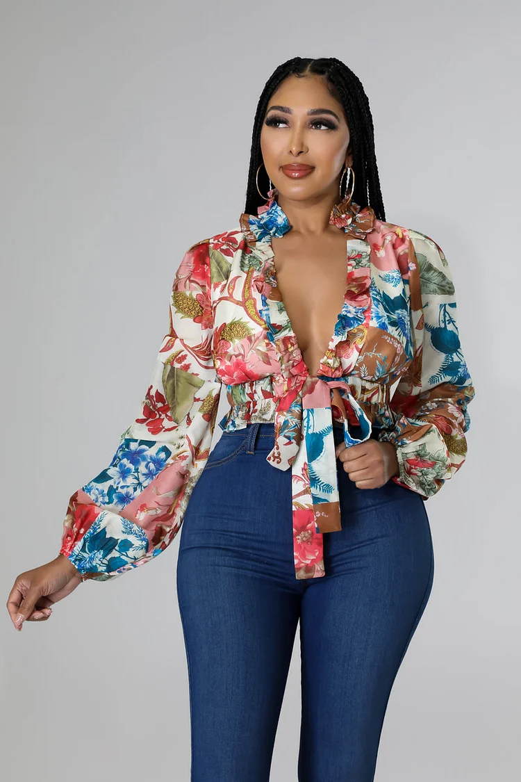 Multicolored Print V Neck Ruffle Crop Top