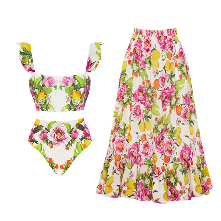 Sling Ruffle Floral and Lemon Printed Bikini Swimsuit and Skirt