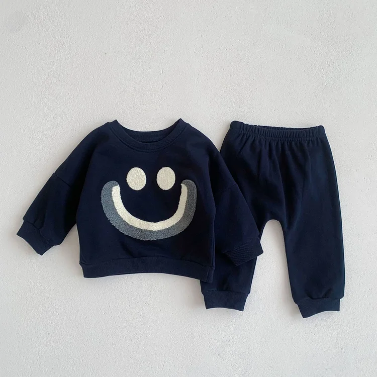 2pcs Baby Toddler Boy/Girl Embroidered Smiling Face Sweatshirt and Pants Set