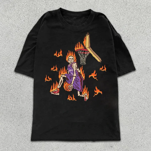Basketball Skull Flame Print Short Sleeve T-Shirt