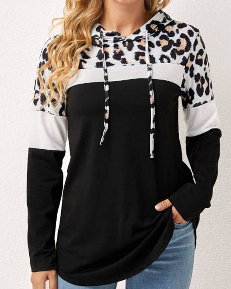 Polyester Black Leopard Panel Hooded Sweatshirt
