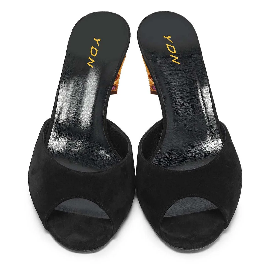 Black Peep Toe Rhinestone Embellished Sculptural Heel Mules Shoes
