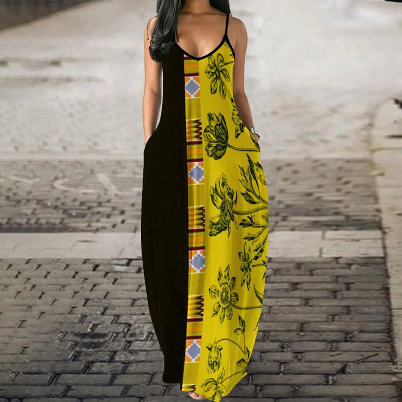 Floral Kente Print Suspender Maxi Dress