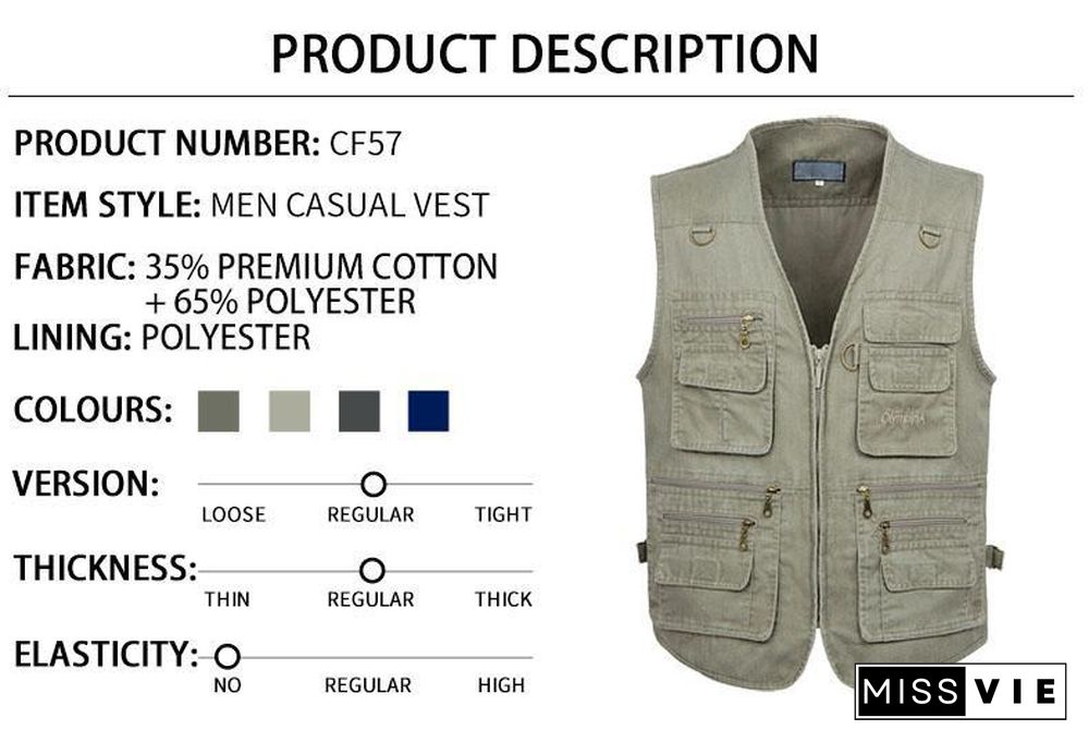 Casual Summer Big Size Cotton Sleeveless Vest With Many 16 Pockets Men Multi Pocket Photograph Waistcoat