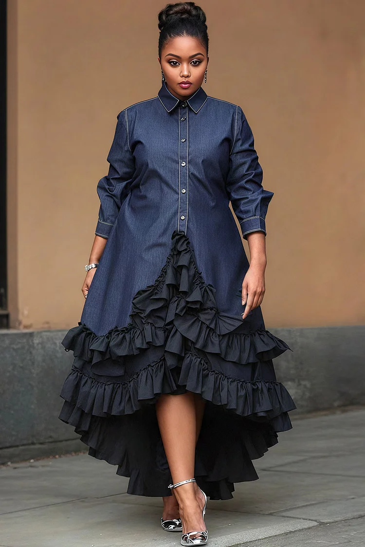 Xpluswear Design Plus Size Business Casual Navy Blue Shirt Collar