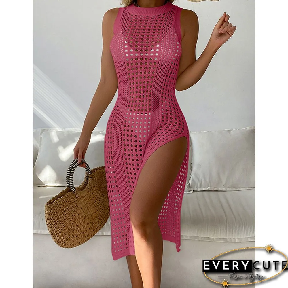 Rosy Hollow-out Crochet Sleeveless High Split Beach Cover
