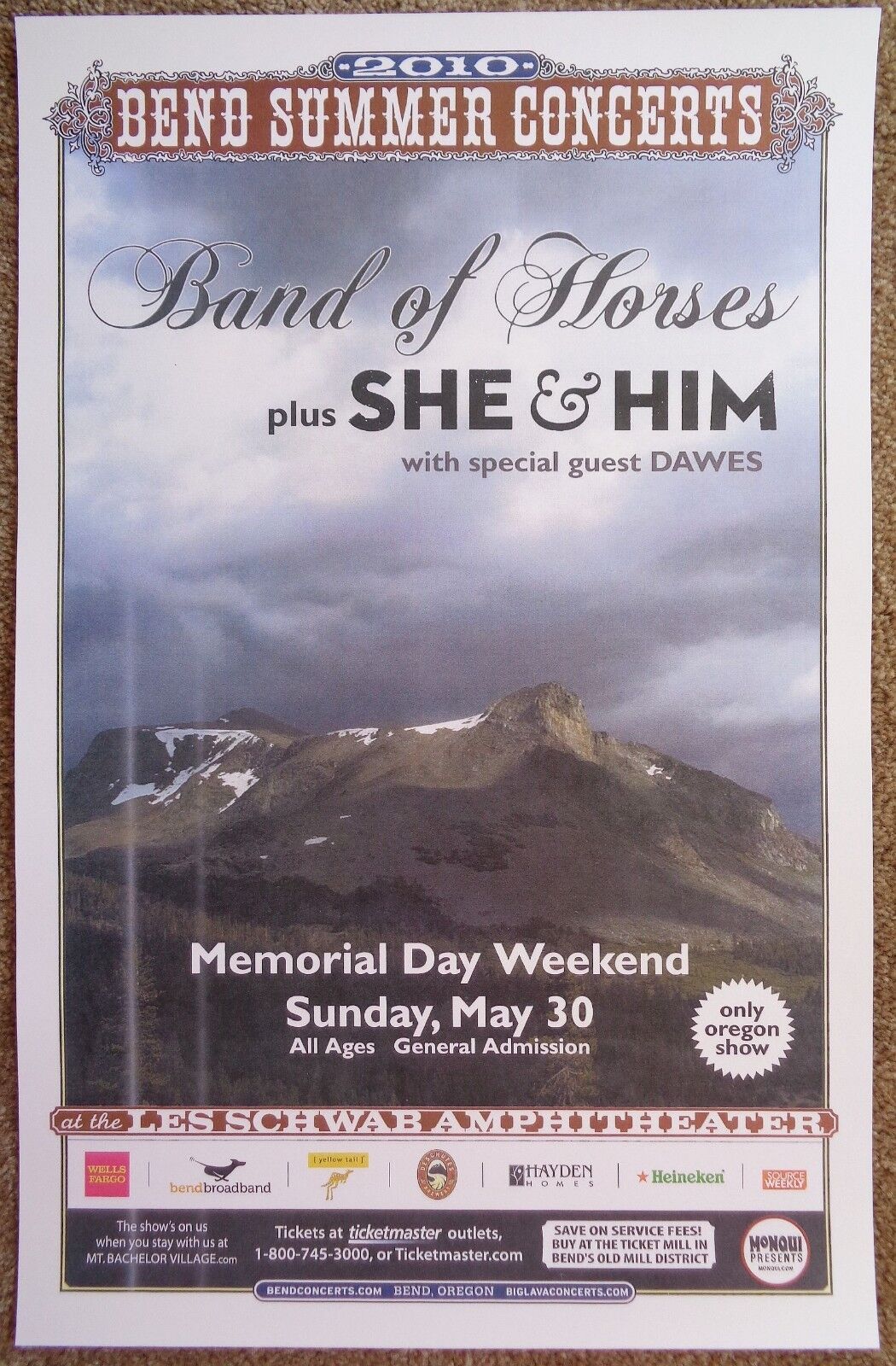 BAND OF HORSES / SHE & HIM 2010 Gig POSTER Bend Oregon Concert