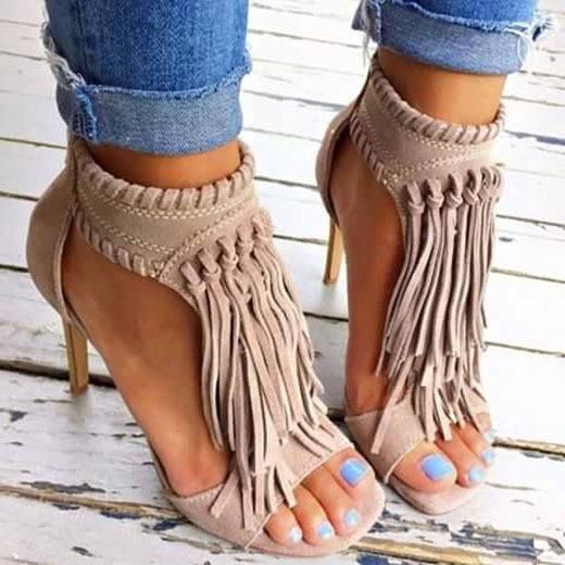 Women's boho tassels peet toe high heel sandals with back zipper
