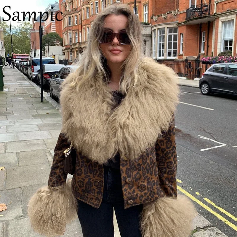 Sampic Fashion Women Outwear Y2K Chic Leopard Oversized Patchwork Jackets Coat 2021 Winter Autumn Faux Fur Collar Casual Coat