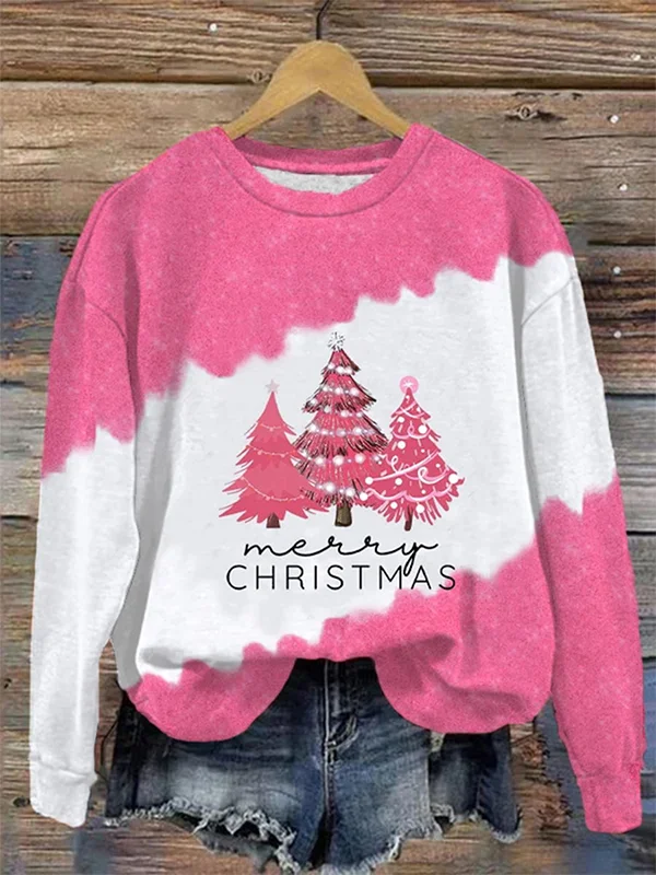 Women's Merry Christmas Tree Printed Color Block Sweatshirt