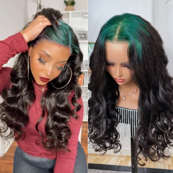 All Wigs Under $100 | Flash Sale Green Colored Roots Lace Front Wig Loose Wave