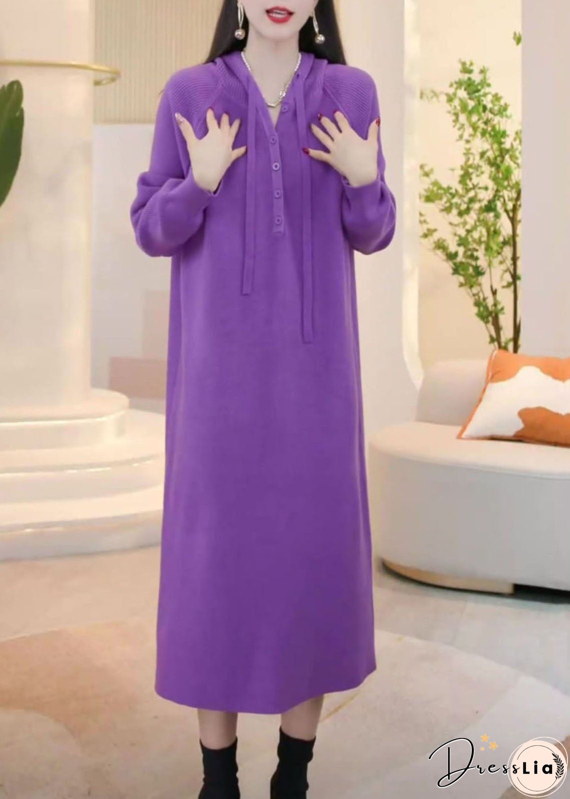 Simple Purple Hooded Button Solid Knit Sweater Dress Winter