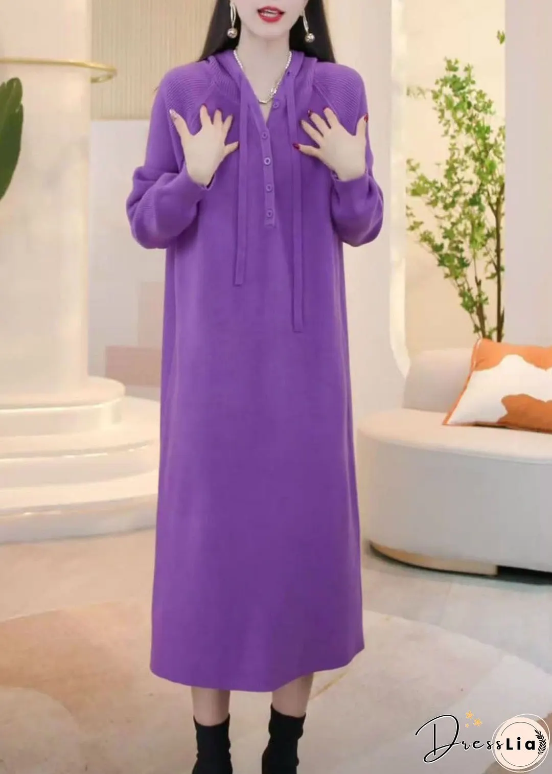 Simple Purple Hooded Button Solid Knit Sweater Dress Winter
