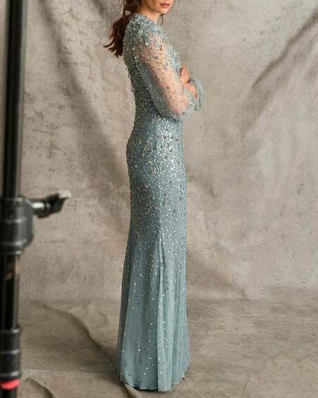 Fitted Beaded Long Sleeve Gown