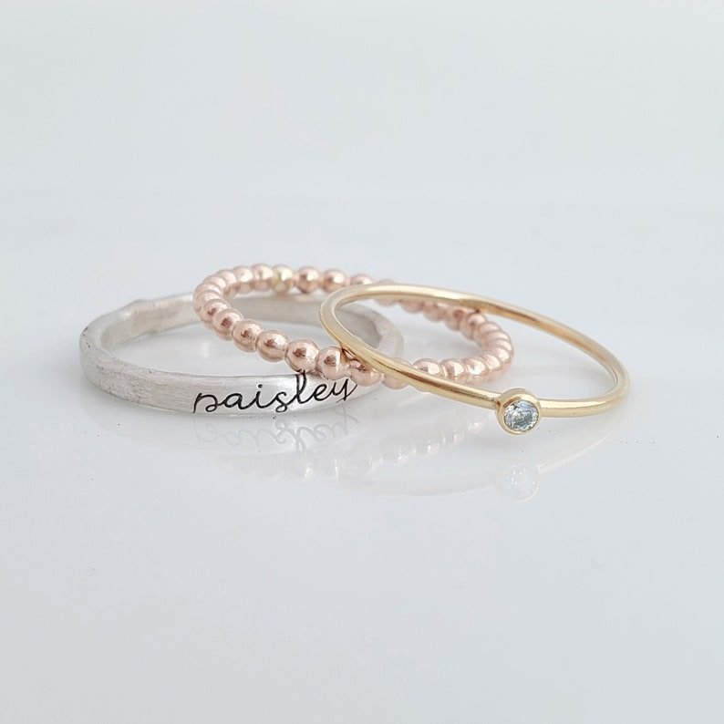 Birthstone Name Rings，Mixed Metal Ring Set