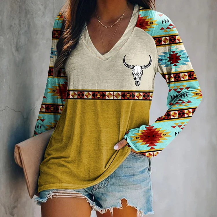 Western Print Paneled V Neck Long Sleeve T-Shirt