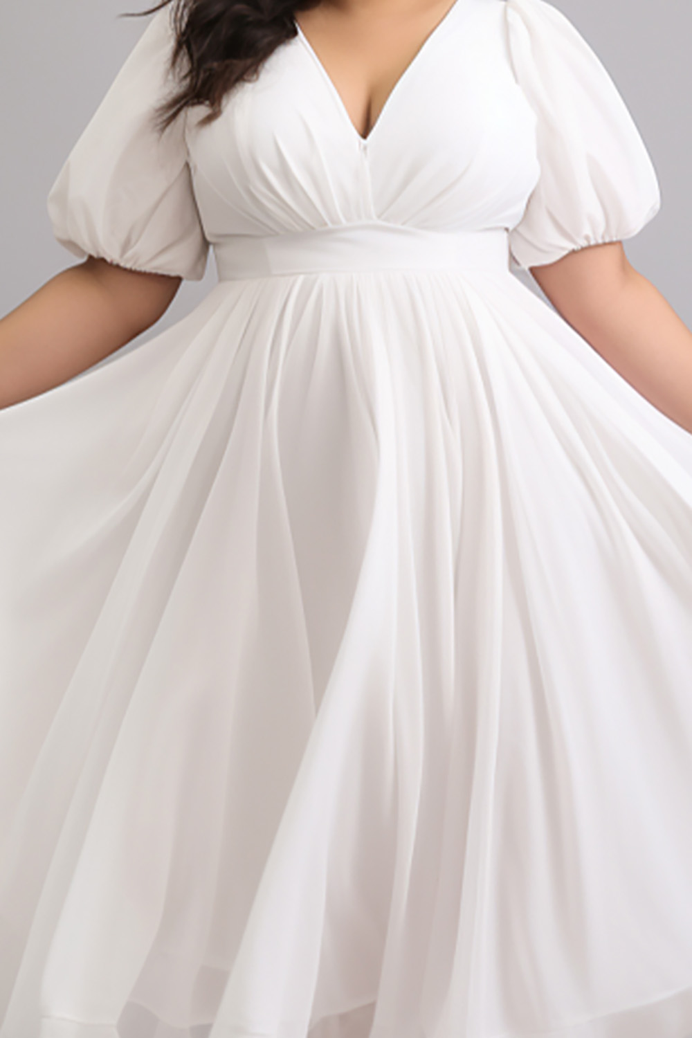 Design Plus Size Semi Formal Elegant White V Neck Puff Sleeve Short Sleeve Tulle Maxi Dresses [Pre-Order]