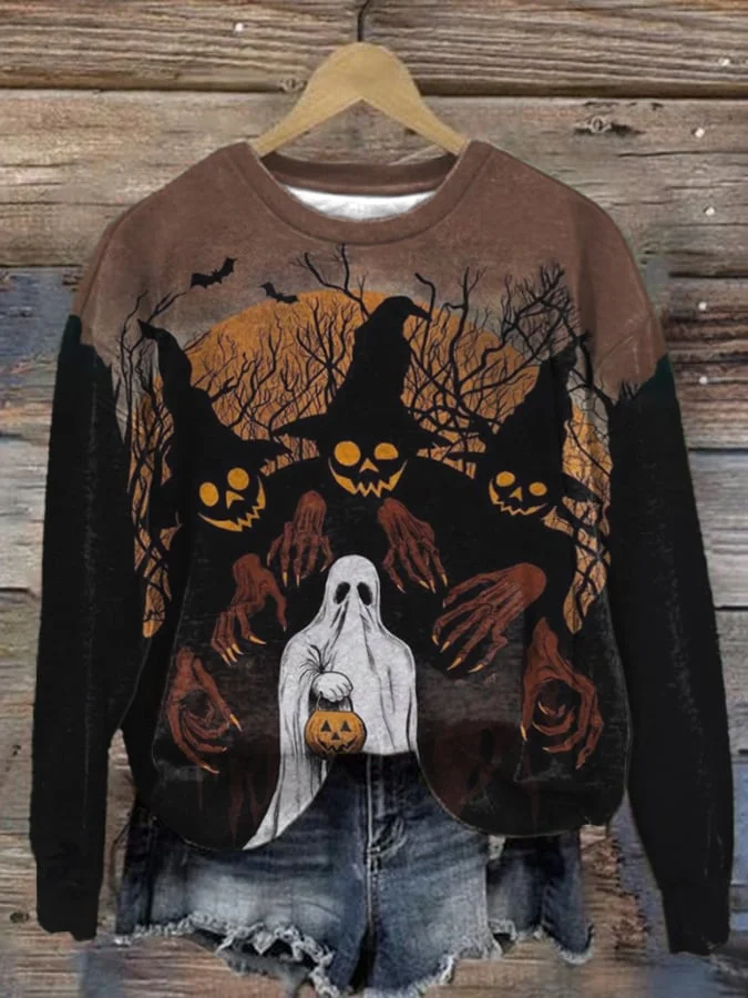 Halloween Pumpkin Witch Ghost Art Print Long Sleeve Sweatshirt 