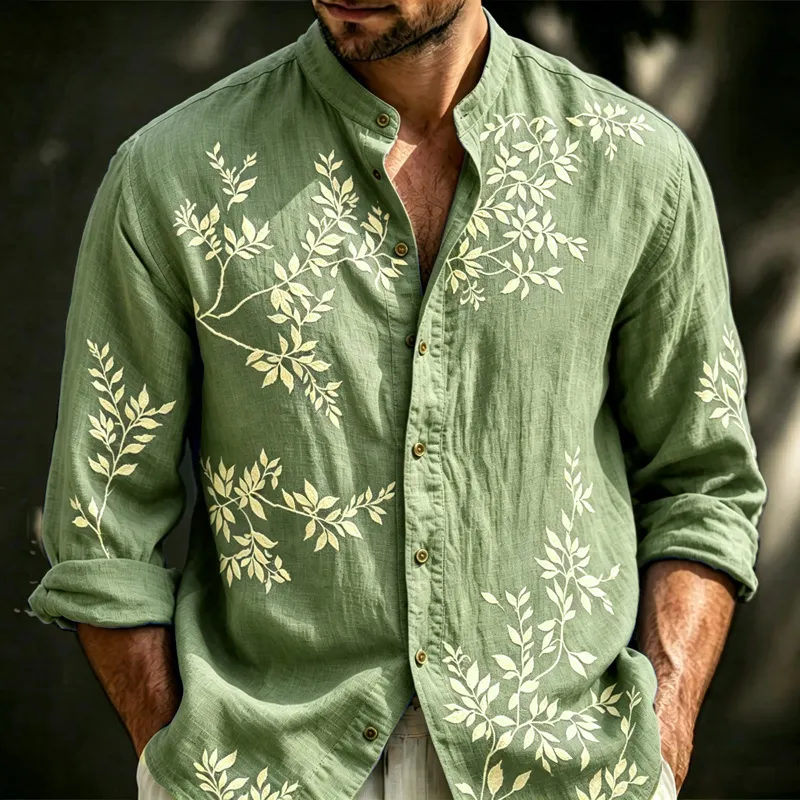 Men's Vintage Spring Floral Art Print Flowy Linen Blend Casual Shirt  artssus