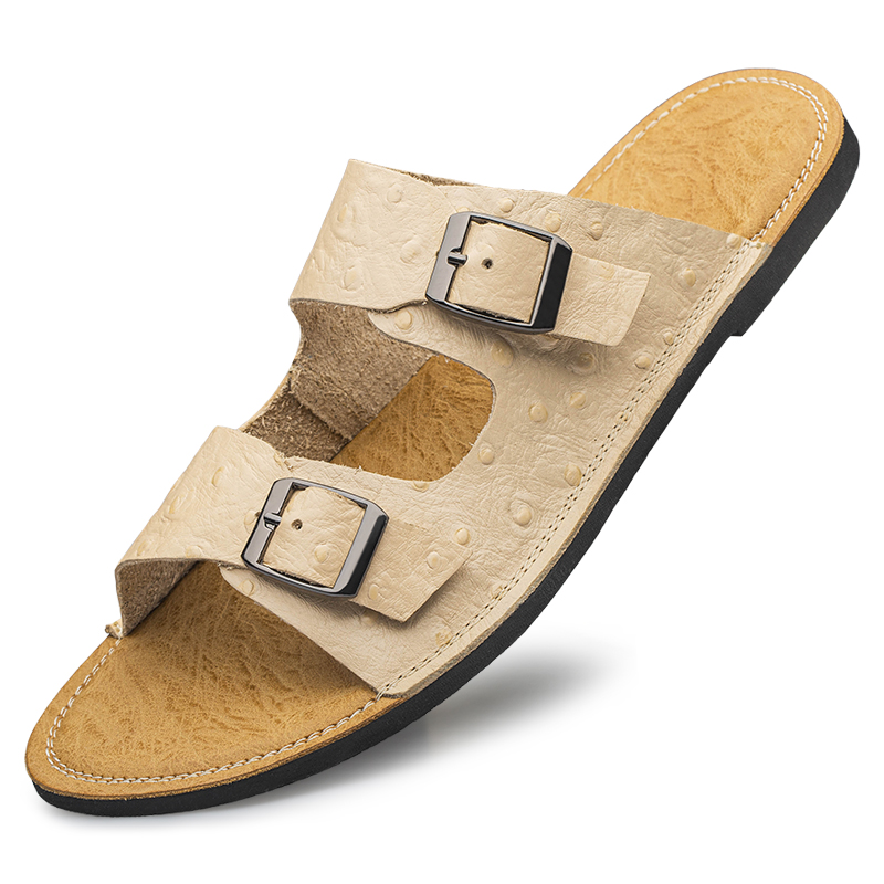 Fransikin fall outfits men 2025 Men Leather Beach Sandals and Slippers Fashion Men Beach Cross Cork Slippers Summer Solid Color Non-slip Leather Slide Shoe