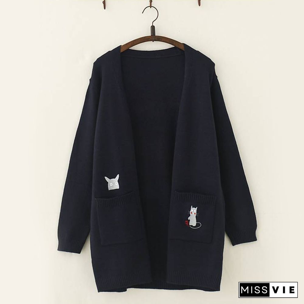 Cat And Mouse Embroidery Cardigan Sweater