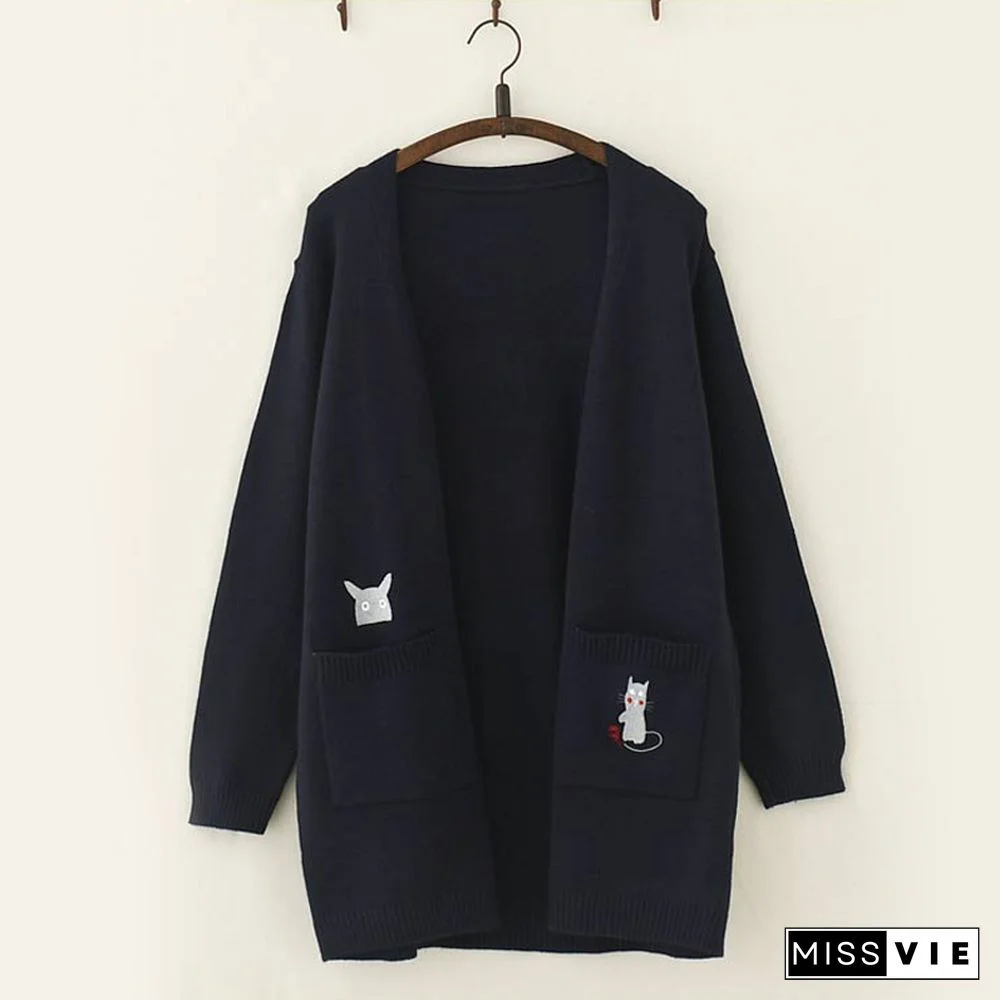 Cat And Mouse Embroidery Cardigan Sweater