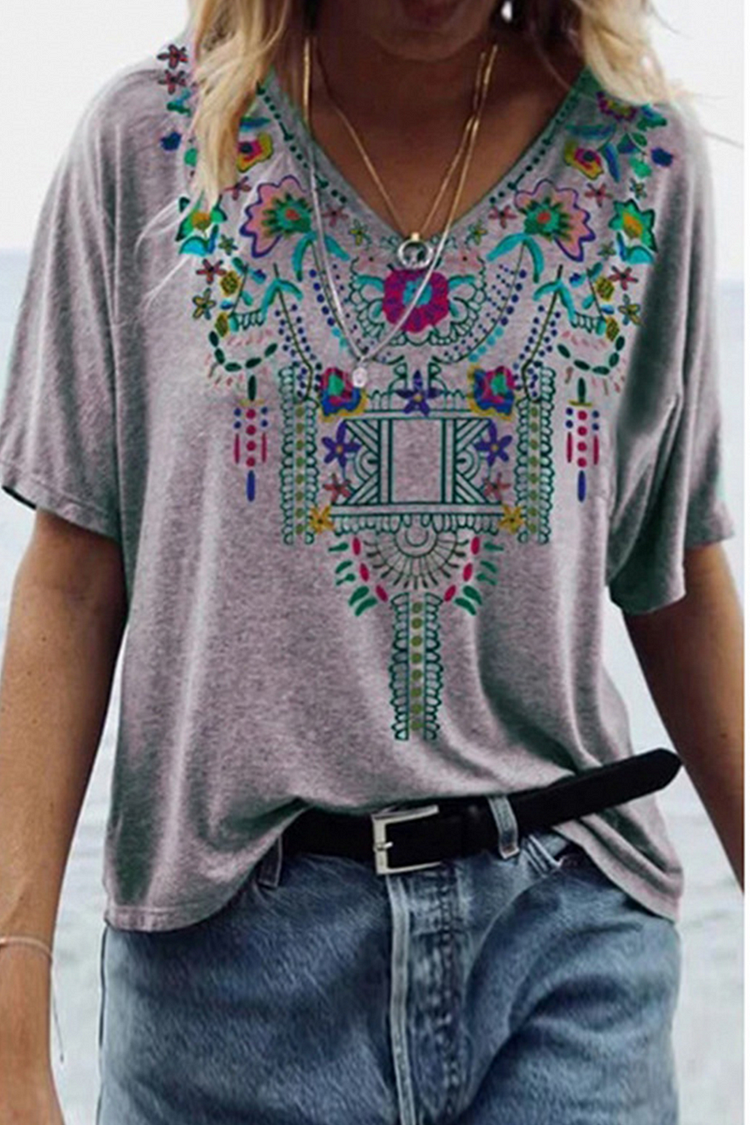 Casual Print Patchwork V Neck T-Shirts(6 Colors) - Life is Beautiful for You - SheChoic