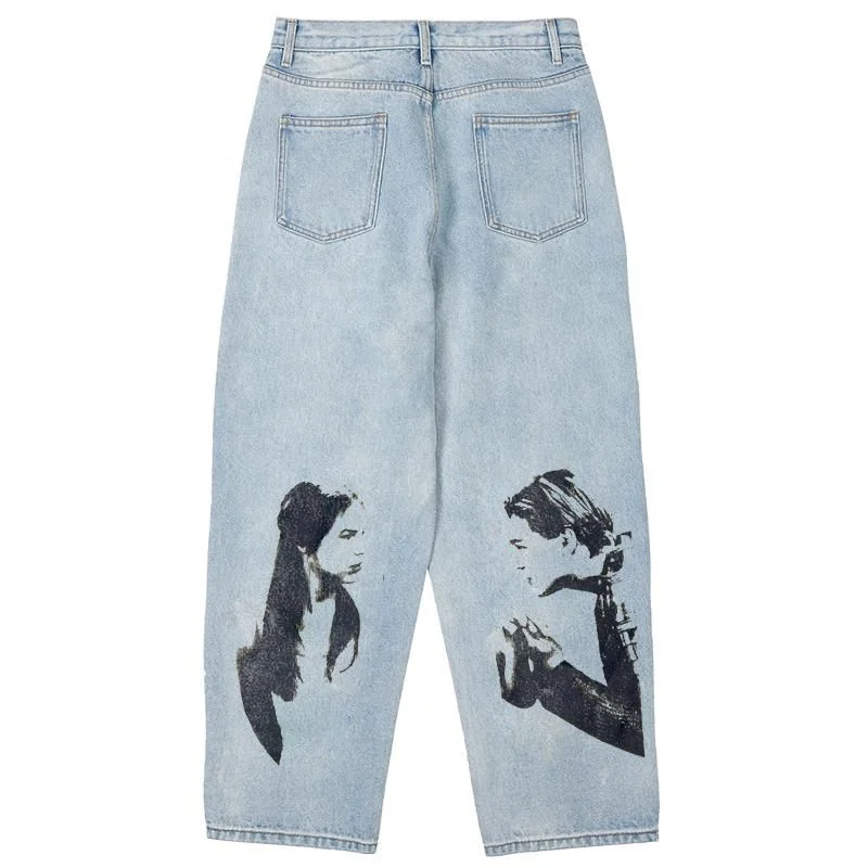 Fashion hip-hop denim washed blue trousers
