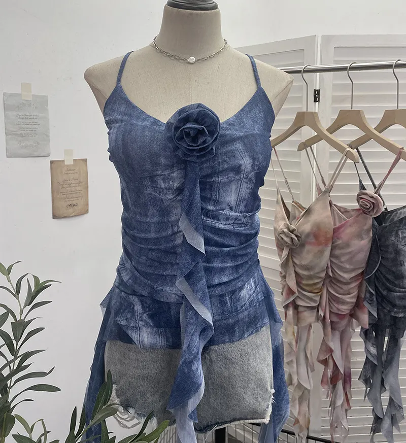 Uveng Asymmetrical Lotus Leaf Side Flower V-Neck Sling Vest Dyed Mesh Cross-Sleeveless Top 6109