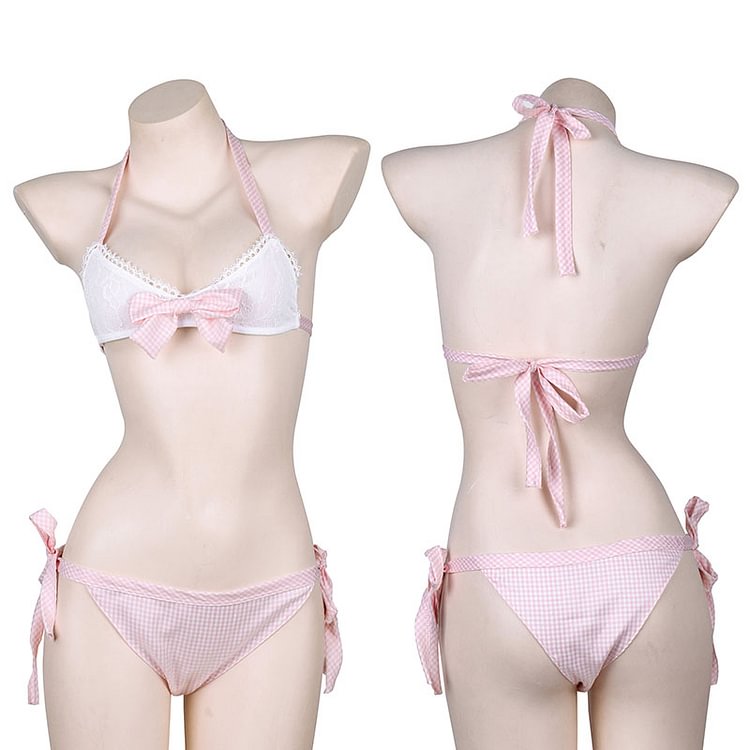 Kawaii Lace Bow Bandage Bra Set Backless Lingerie Swimsuit PE100