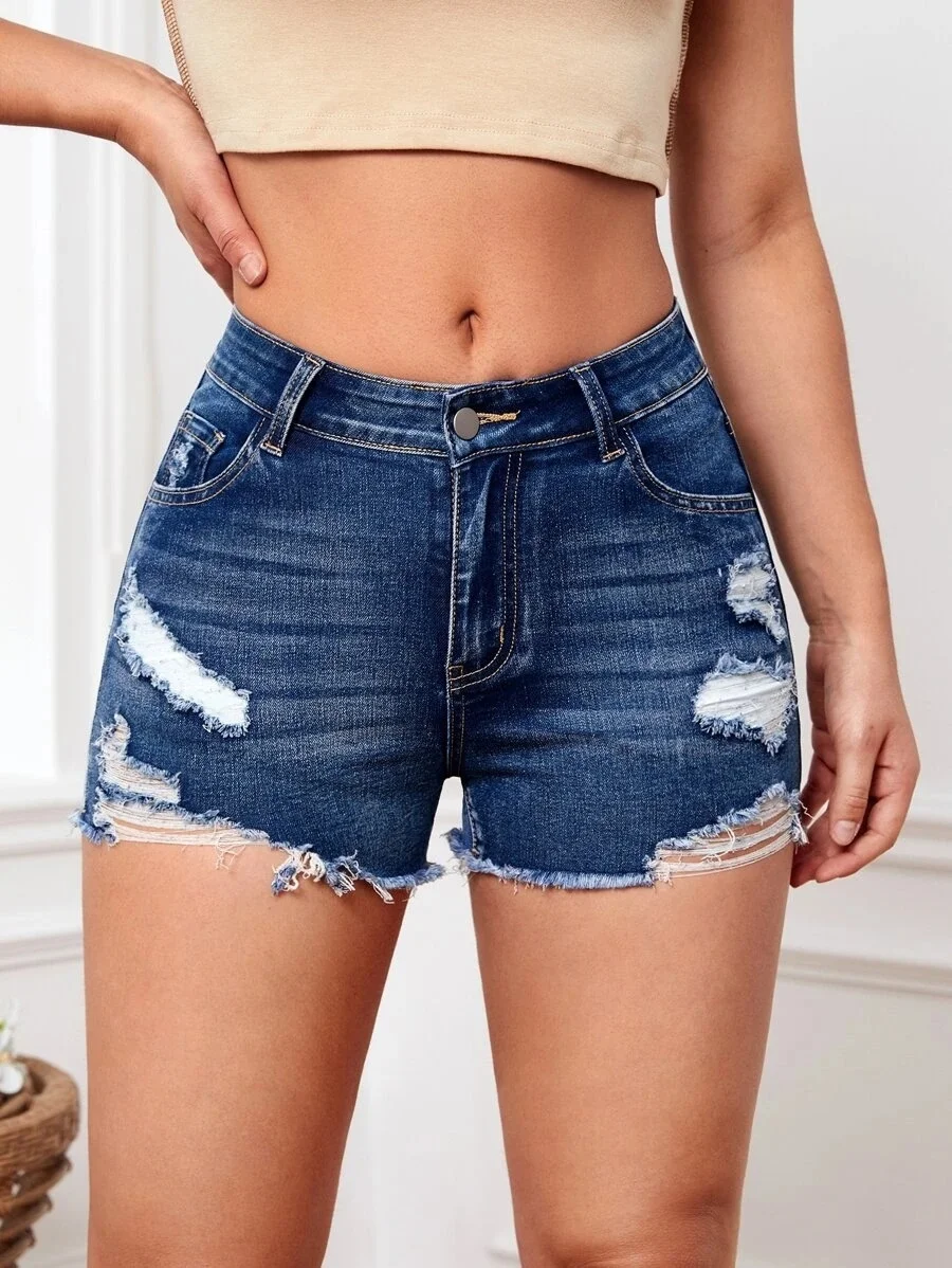 Women's High-waisted Slim-fitting Denim Shorts Elastic Ripped Jeans