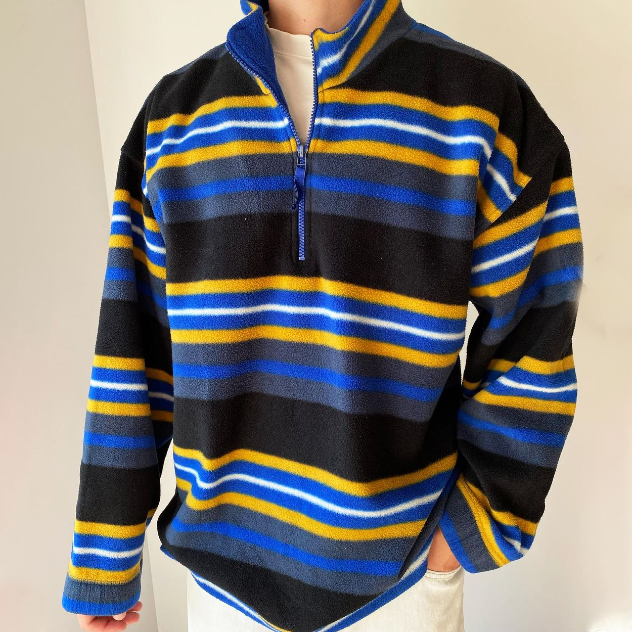 Unisex Vintage Akzi Stripes 1/4 Zip Warm Fleece Sweatshirt / [blueesa] /