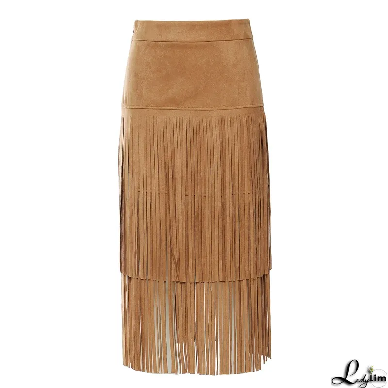 Vintage Solid Color Fringe Midi Suede Skirt