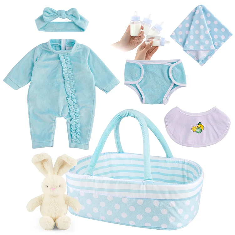 17''-22'' Essential Clothes Accessories for Reborn Baby with Cyan Polka Dots 8 Pieces Gift Set：Realistic Reborn Baby Dolls By Rsgdolls®