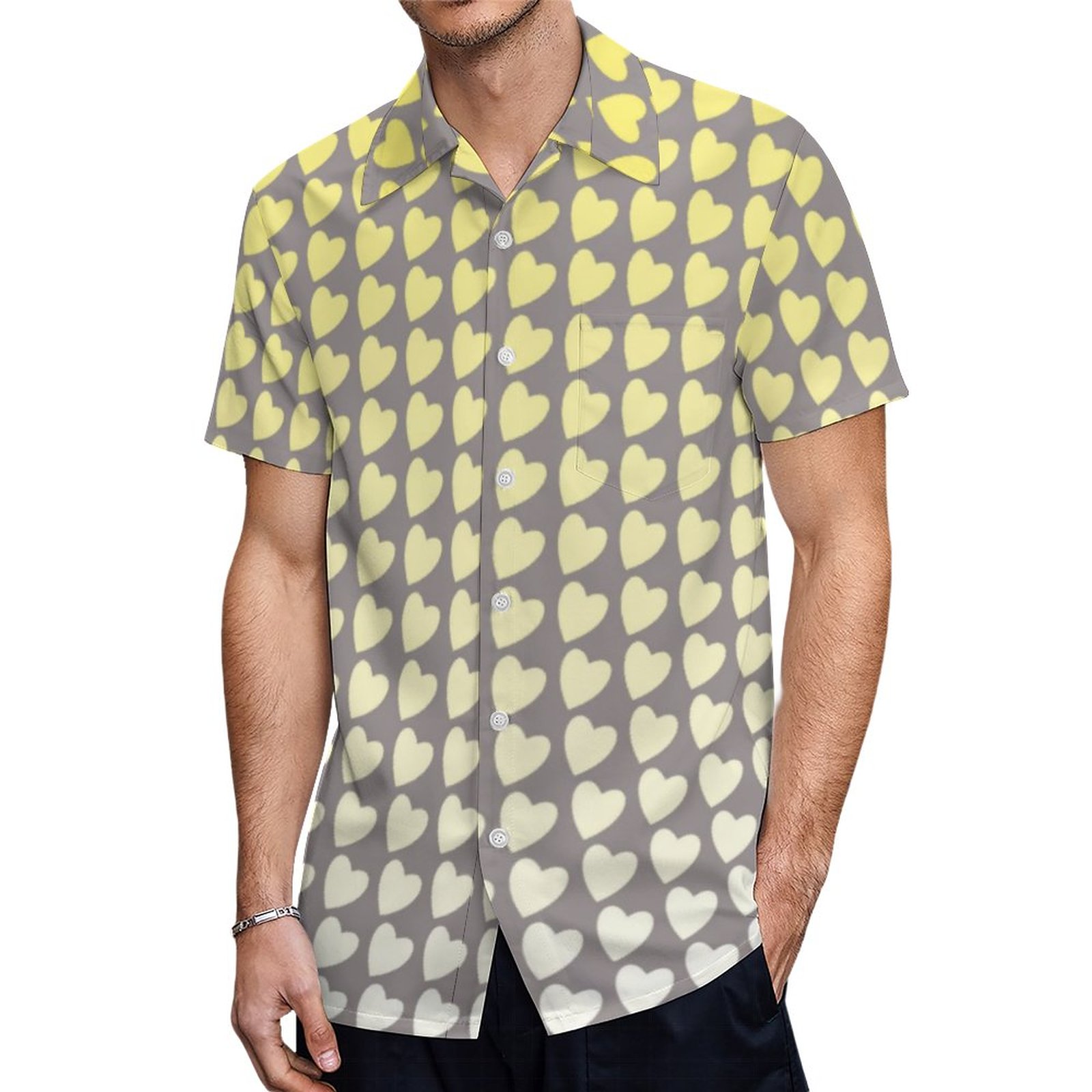 Trendy Yellow And Gray Gradient Heart Pattern Hawaiian Shirt Mens Button Down Tropical Hawaii Beach Shirts