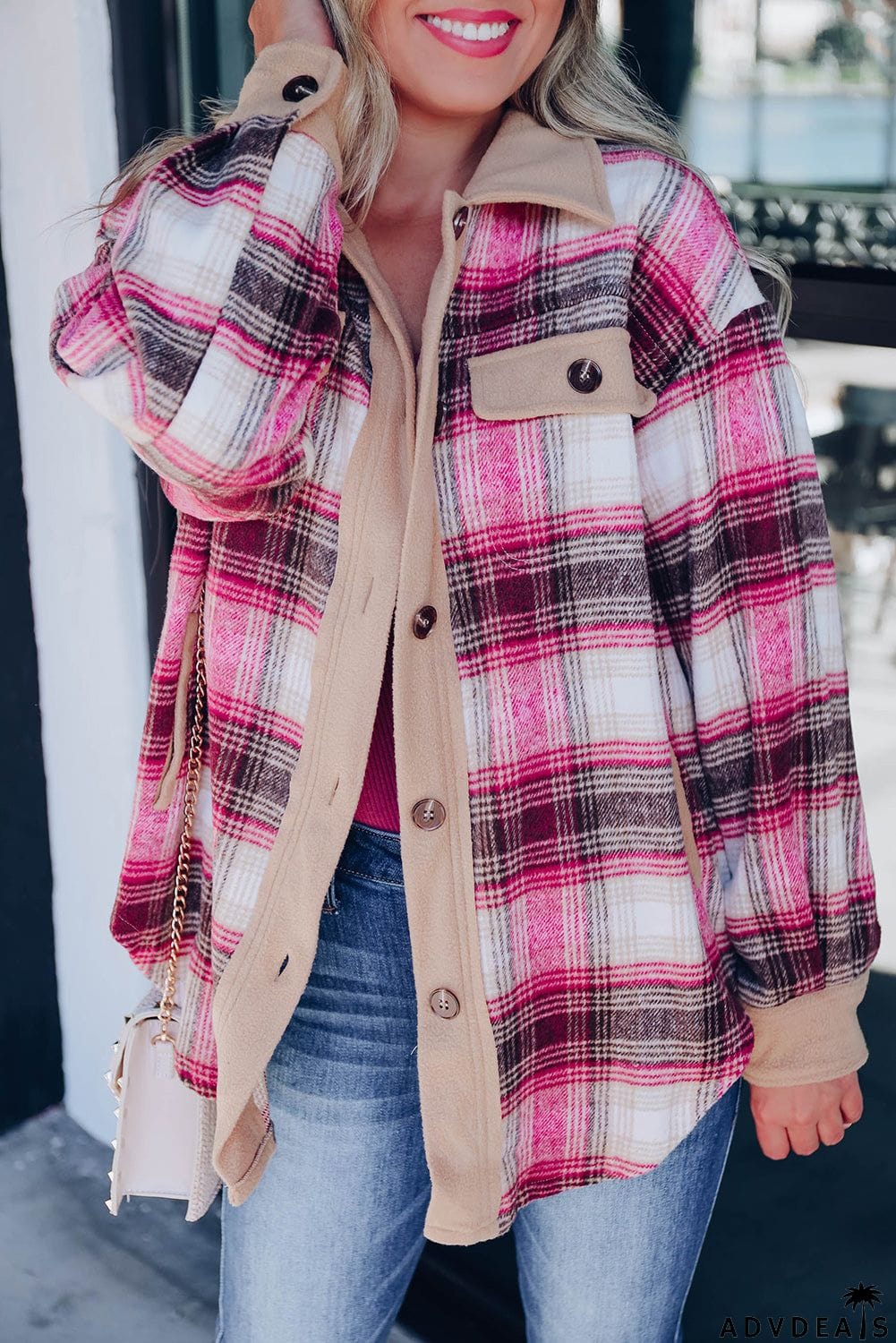 Rose Buttoned Contrast Trim Plaid Shacket
