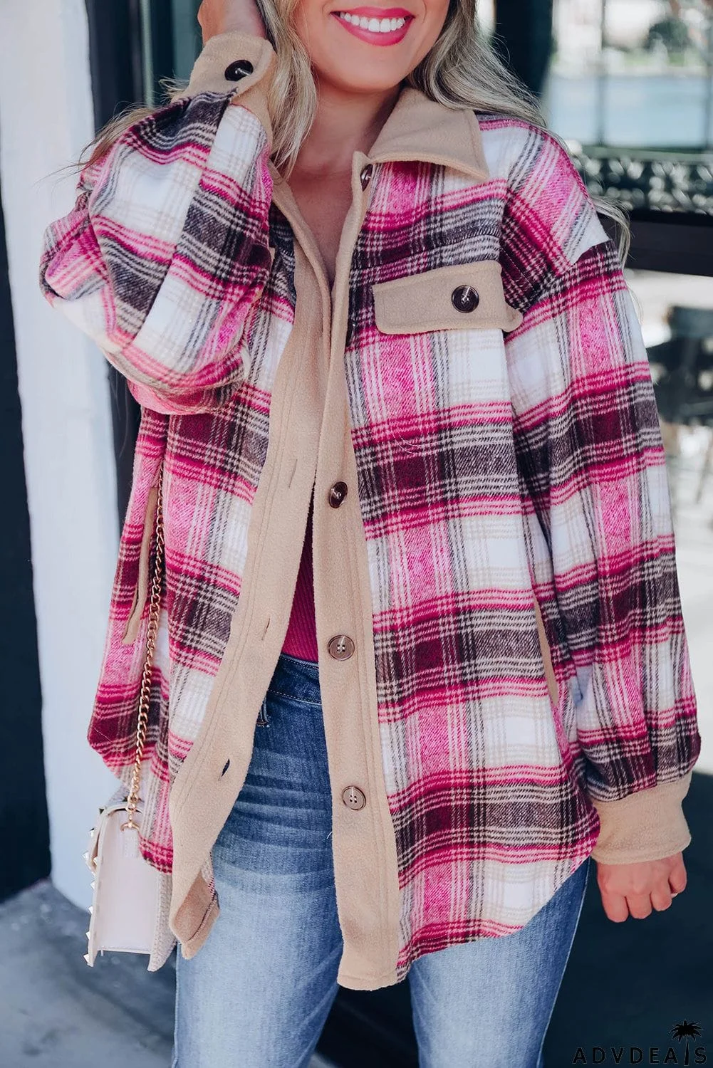Rose Buttoned Contrast Trim Plaid Shacket