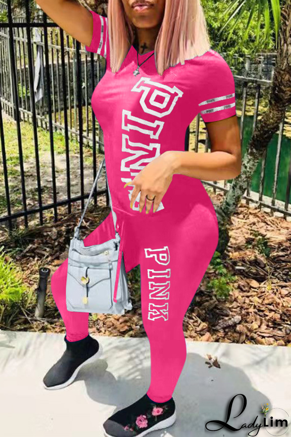 Light Purple Casual Patchwork Letter O Neck Short Sleeve Two Pieces