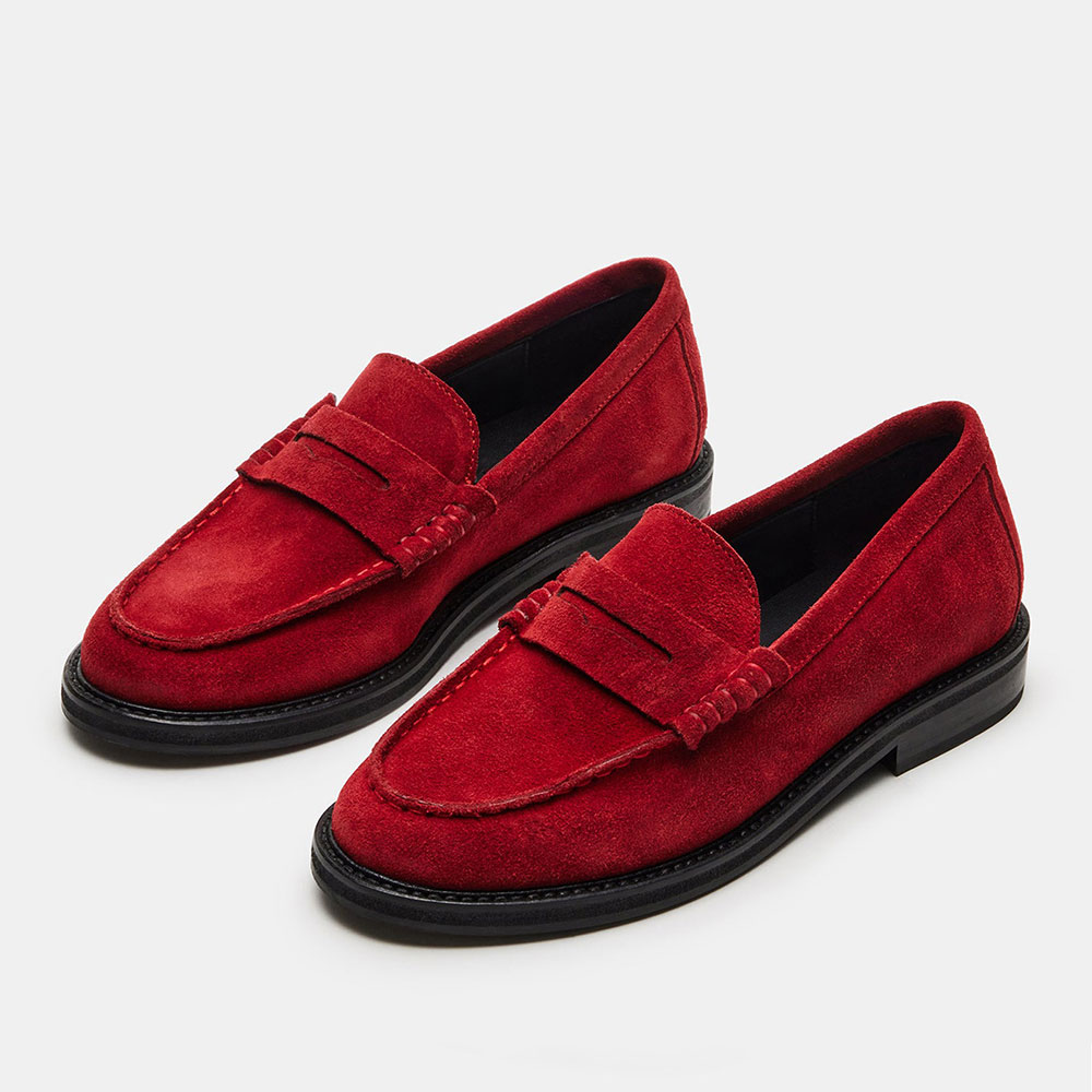 Red Vegan Suede Slip-On Round Toe Low Heel Loafer Shoes Women Nicepairs