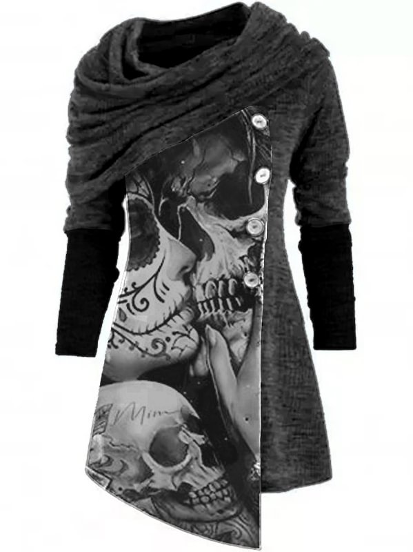 Punk Skull Print Warm Knit Irregular Top