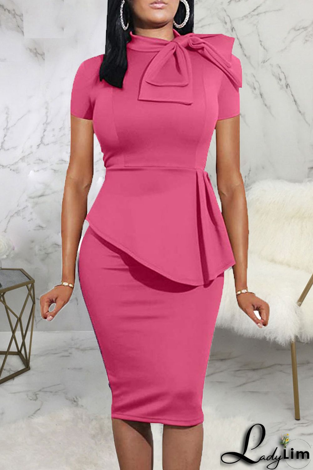 Coral Powder Casual Solid Patchwork Asymmetrical With Bow O Neck One Step Skirt Dresses