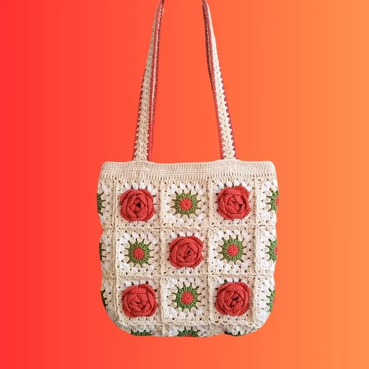 Lulusnow Handmade Red White 3D Camellia Bag 2023 Crochet Granny Square Tote Bag Shoulder Bag 