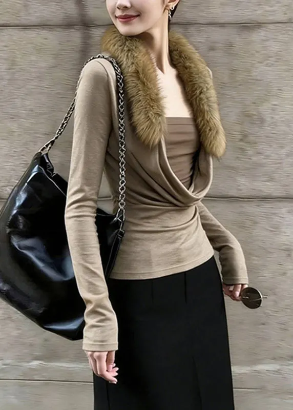 Slim Fit Coffee Fur Collar Patchwork Fake Two-Piece Top Spring