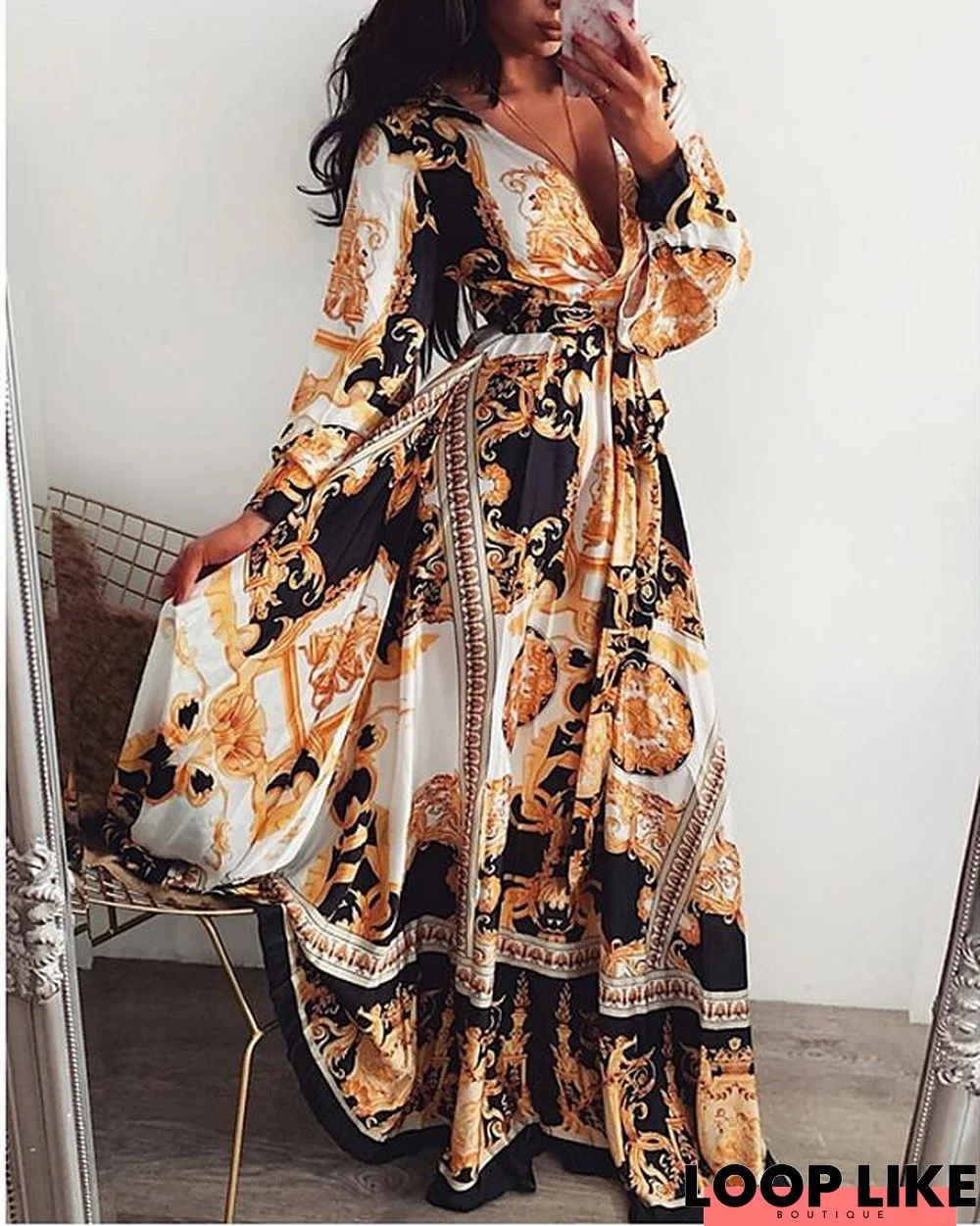 Women's Swing Dress Maxi Long Dress - Long Sleeve Print Geometric Print Deep V Hot Holiday Going Out Loose Brown