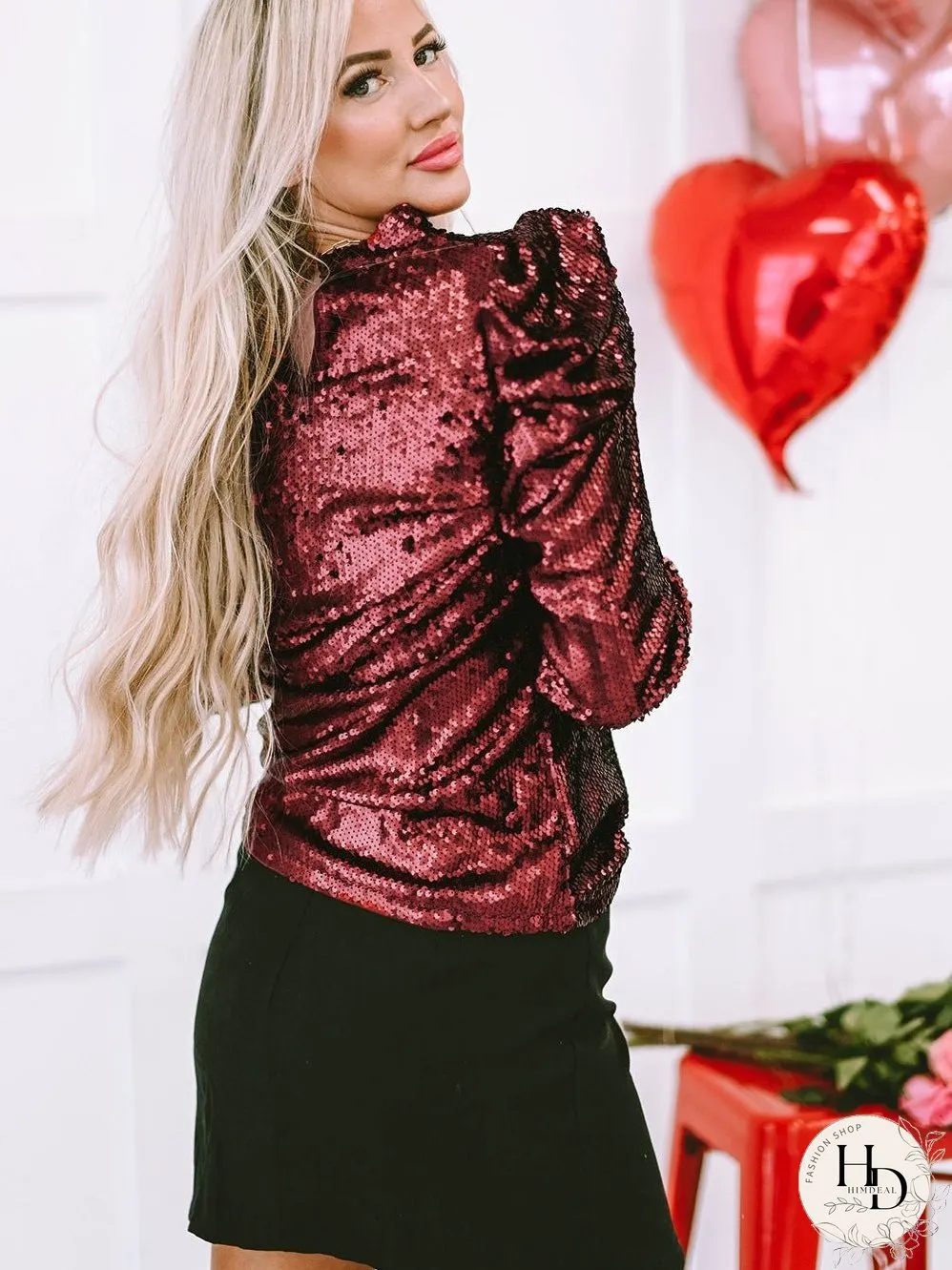 Burgundy Sequin High Neck Ruched Sleeve Top