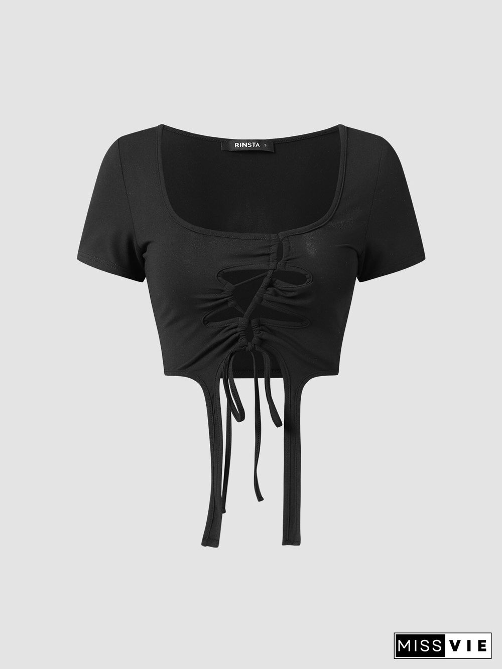 Solid Drawstring Square Collar Short Sleeve Crop Top