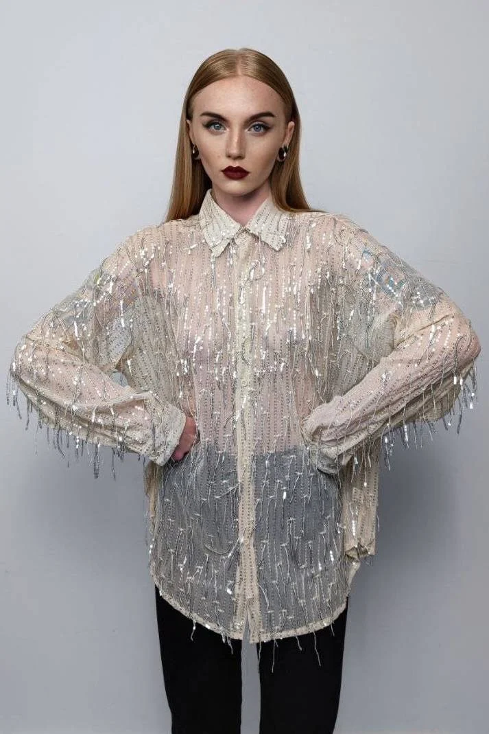 Sequin Fringe See-Through Turndown Collar Long Sleeve Champagne Gold Shirt