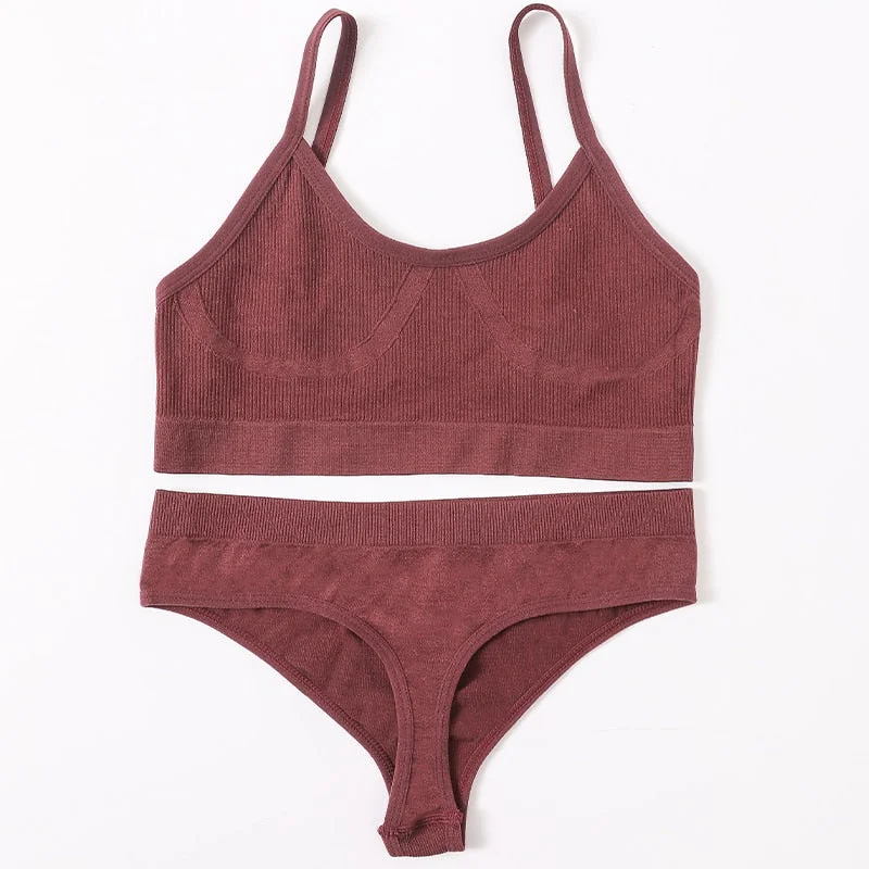 Women Bra Panties Set Sexy G-String Push Up Bra Crop Top Seamless Underwear Fitness Active Bra Top Thongs Female Lingerie Set