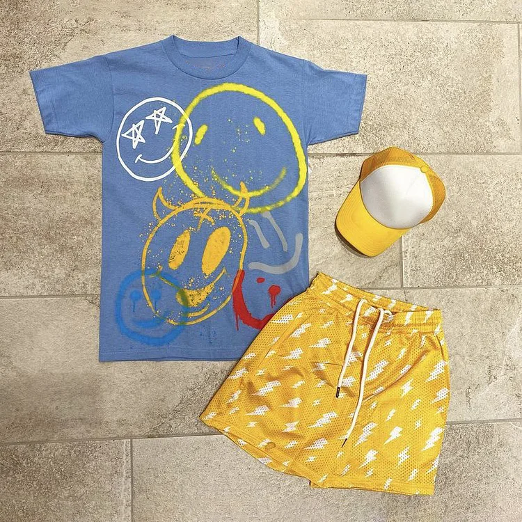 Personalized fashion casual smiley T-shirt printed shorts set