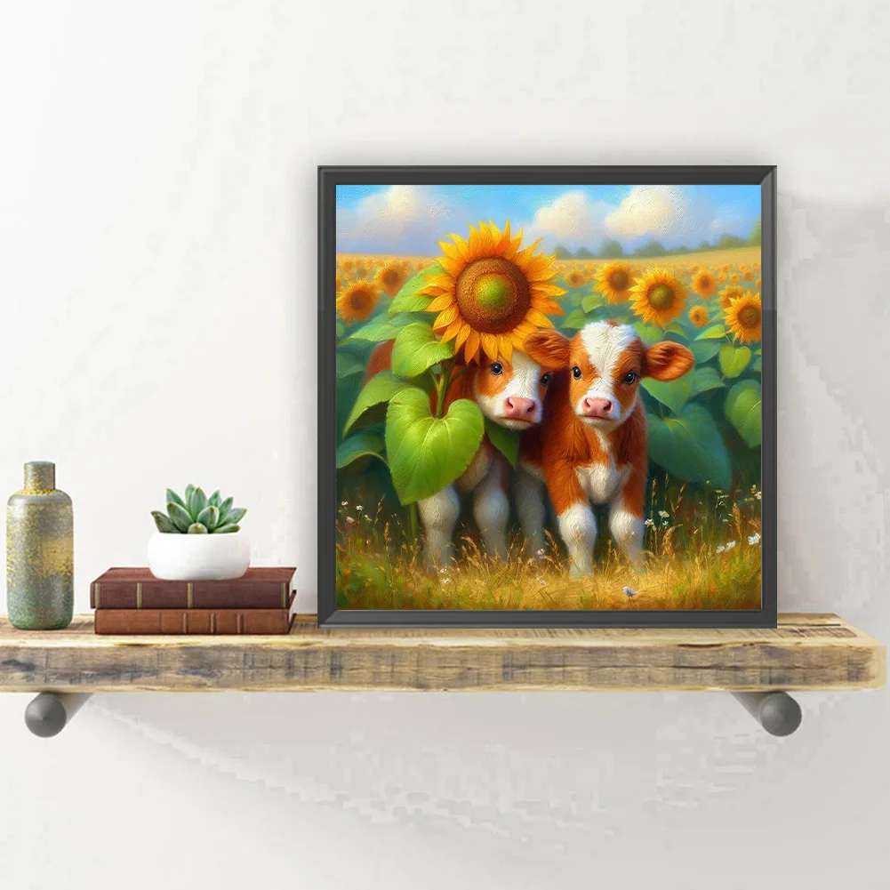 Diamond Painting - Full Round Drill - Sunflower Field Two Cows(Canvas|30*30cm)
